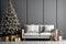 Living room decorated for Christmas with trees, gifts, walls, posters, canvas, full screen mockup, paint, frames. by