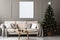 Living room decorated for Christmas with trees, gifts, walls, posters, canvas, full screen mockup, paint, frames. by