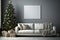 Living room decorated for Christmas with trees, gifts, walls, posters, canvas, full screen mockup, paint, frames. by