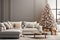 Living room decorated for Christmas with trees, gifts, walls, posters, canvas, full screen mockup, paint, frames. by