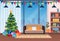 Living room decorated merry christmas happy new year pine tree home interior decoration winter holiday concept flat