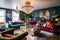 living room with eclectic mix of colors and textures, including velvet sofas and crystal chandeliers