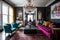 living room with eclectic mix of colors and textures, including velvet sofas and crystal chandeliers