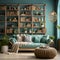 a living room filled with furniture and bookshelves Bohemian interior Living Room with Turquoise