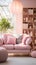 a living room filled with furniture and a large window Bohemian interior Patio with Pastel Pink