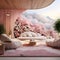 a living room filled with furniture and pink flowers Contemporary interior Patio with Pastel Pink