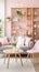 a living room filled with furniture and pink walls Contemporary interior Dining Area with Pastel