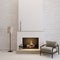 Living room with fireplace and grey armchair   empty wall mockup