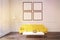 Living room with four posters, yellow sofa and a coffee table, t