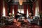 a living room with a grand piano, velvet drapes and a chandelier