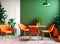 Living room with a green wall and a table with orange chairs and plants. Generated AI