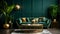 a living room with green walls and a gold coffee table Hollywood Glam interior Living Room with