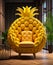 A living room with a green and yellow sofa shaped as pineapple