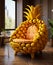 A living room with a green and yellow sofa shaped as pineapple