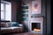 A living room with a holographic fireplace and floating shelves, ai