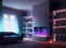 A living room with a holographic fireplace and floating shelves, ai