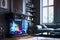 A living room with a holographic fireplace and floating shelves, ai