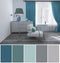 Living room interior 3d render, 3d illustration, color swatch stylish palette decoration