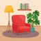 Living room interior. Armchair, shelf with books, floor lamp and houseplant, vector illustration