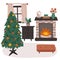 Living room interior in boho style. Lounge with carpet, dresser, fireplace, decorated christmas tree. Cartoon hand drawn