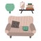 Living room interior in boho style. Lounge with stripped sofa with cushion and blanket, bookshelf, lamp. Cartoon hand drawn