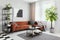 Living room interior with brown corner sofa with black and white pillows and industrial coffee table