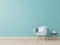 Living Room Interior with chair, plants, cabinet, on empty blue wall background