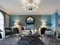 Living room interior in classic Mediterranean style with a beige sofa and two blue armchairs and blue walls, a TV unit and