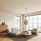 Living room interior with couch and coffee table near panoramic window