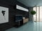 Living room interior with cupboard against black stone wall