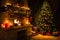 Living room interior with decorated fireplace and christmas tree