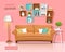 Living room interior design with couch, lamp and shelves. Funny style furniture set.