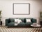 Living room Interior design. Green Leather Sofa in the room with white wall and pattern floor. Retro Living room for mockup 3d