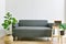 Living room interior design, Home decor with modern fabric sofa and green houseplants