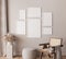 Living room interior with frame mock up, natural wooden furniture and trendy home accessories on bright beige background