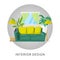 Living room interior with furniture cartoon vector illustration. Living room with sofa, lamp and home plants, windows