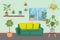 Living room interior with green plants and furniture cartoon vector illustration. Living room design with sofa and home