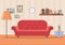 Living room interior in home. Design of cozy room with sofa, lamp, clock, flower, books. Flat illustration of livingroom with