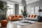 Living room interior with indoor plants and orange sofas