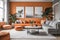 Living room interior with indoor plants and orange sofas,