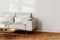 living room interior mock up, white wall with sunlight, gray sofa and coffee table with decor, 3d