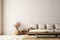 Living room interior mockup in wabi-sabi style with low sofa, jute rug and dried grass decoration