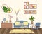 Living room interior, modern design. Sofa and floor lamp. Nightstand with vase and mirror, candles and figurines.