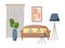 Living room interior. Modern design with sofa and window with curtain. A sofa table, a floor lamp and a vase with a