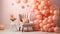 Living room interior with peach and orange balloons. Beautiful Photo Zone in Peach Fuzz color