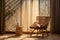 Living room interior with rattan armchair. Curtains made of natural fabric. A corner for relaxing and reading in boho style. Soft