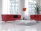 Living room interior with red couch and floor lamp