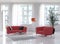 Living room interior with red couch and floor lamp