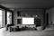 Living room interior with seats and tv on stand, panoramic window. Mockup display