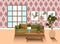 Living room interior. Sofa with coffee table, rack, chair and lamp. A cozy place to read, relax or reflect. Set of